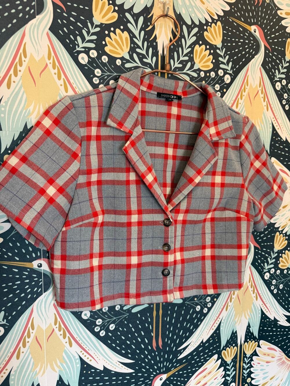 Papermoon red and gray plaid crop top sz S